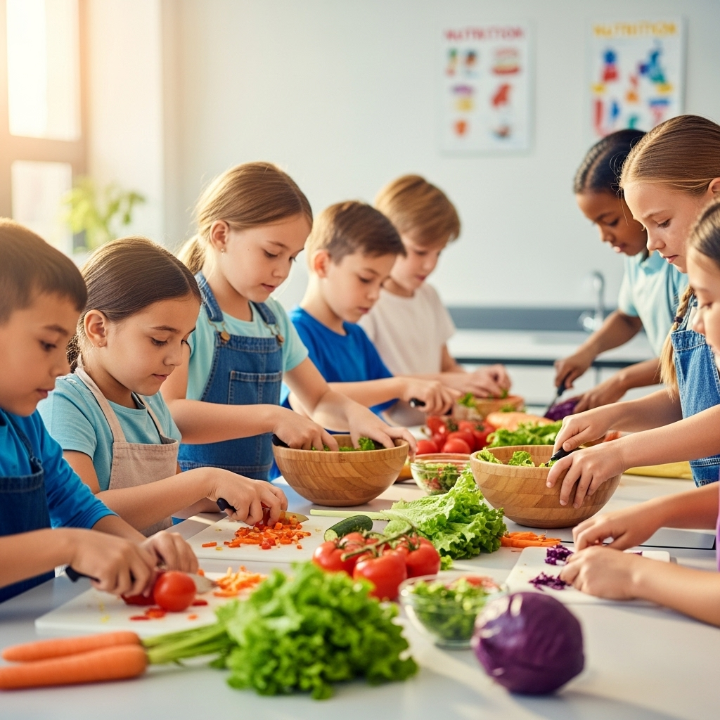 Elementary students engaged in hands-on cooking and nutrition education in classroom